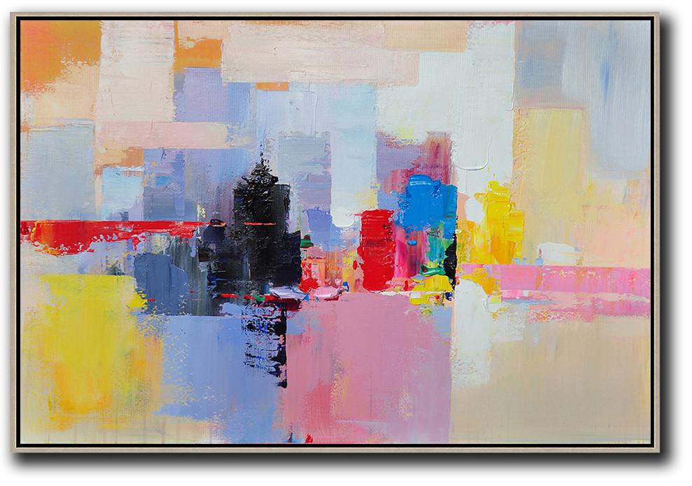 Oversized Canvas Art On Canvas,Horizontal Abstract Landscape Art,Contemporary Art Acrylic Painting,White,Pink,Yellow,Black,Red.etc